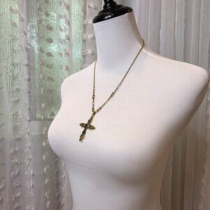 Gold-Toned Necklace | Crucifix Pendant with Blue Crystals